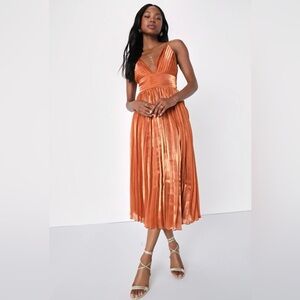 Lulu's Aesthetic Shiny Rust Orange Pleated Midi Dress - Size XS *NWT*